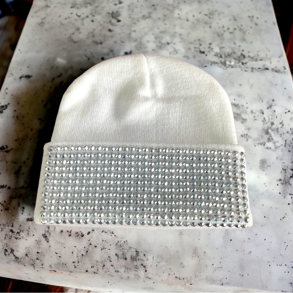 New Embellished Rhinestone Beanie Hat in White One Size